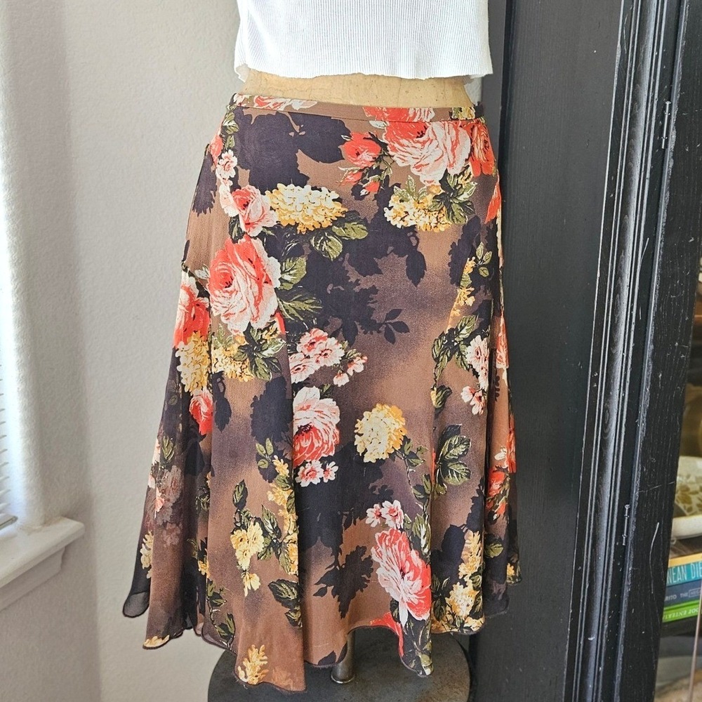 Karen Kane 100% Silk Floral Bias Midi Skirt Brown Rose Print Size 10 Boho